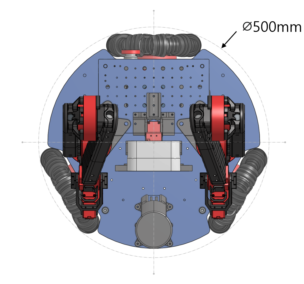 The footprint of the robot with its arms stowed. Arms and grippers are fully encompassed within a circular footprint of 500 mm. 