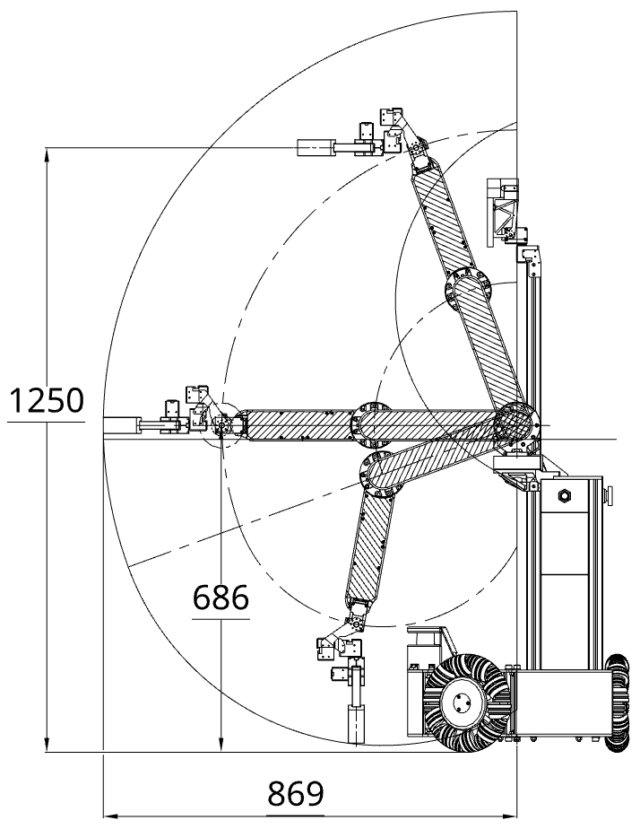 Reachable workspace of ANUBIS. (a) Lateral profile highlights vertical reach from floor level to 1.25 m. (b) Planar projection illustrates 180^{\circ} horizontal coverage within the 0.5 m chassis footprint.