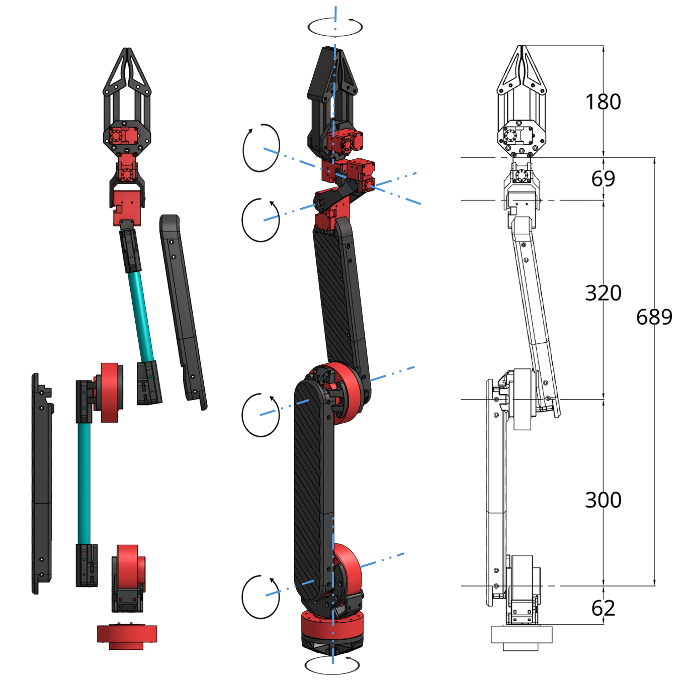Mechanical design details of the manipulator: (a) exploded view showing structural components, (b) joint arrangement, and (c) overall arm dimensions.