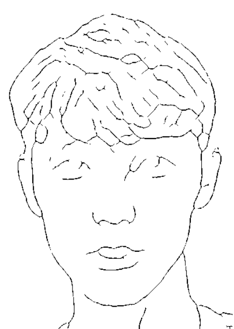 Skeleton extraction process. (a) original, (b) sketch, (c) extracted skeleton, and (d) skeleton overlaid on the sketch image.