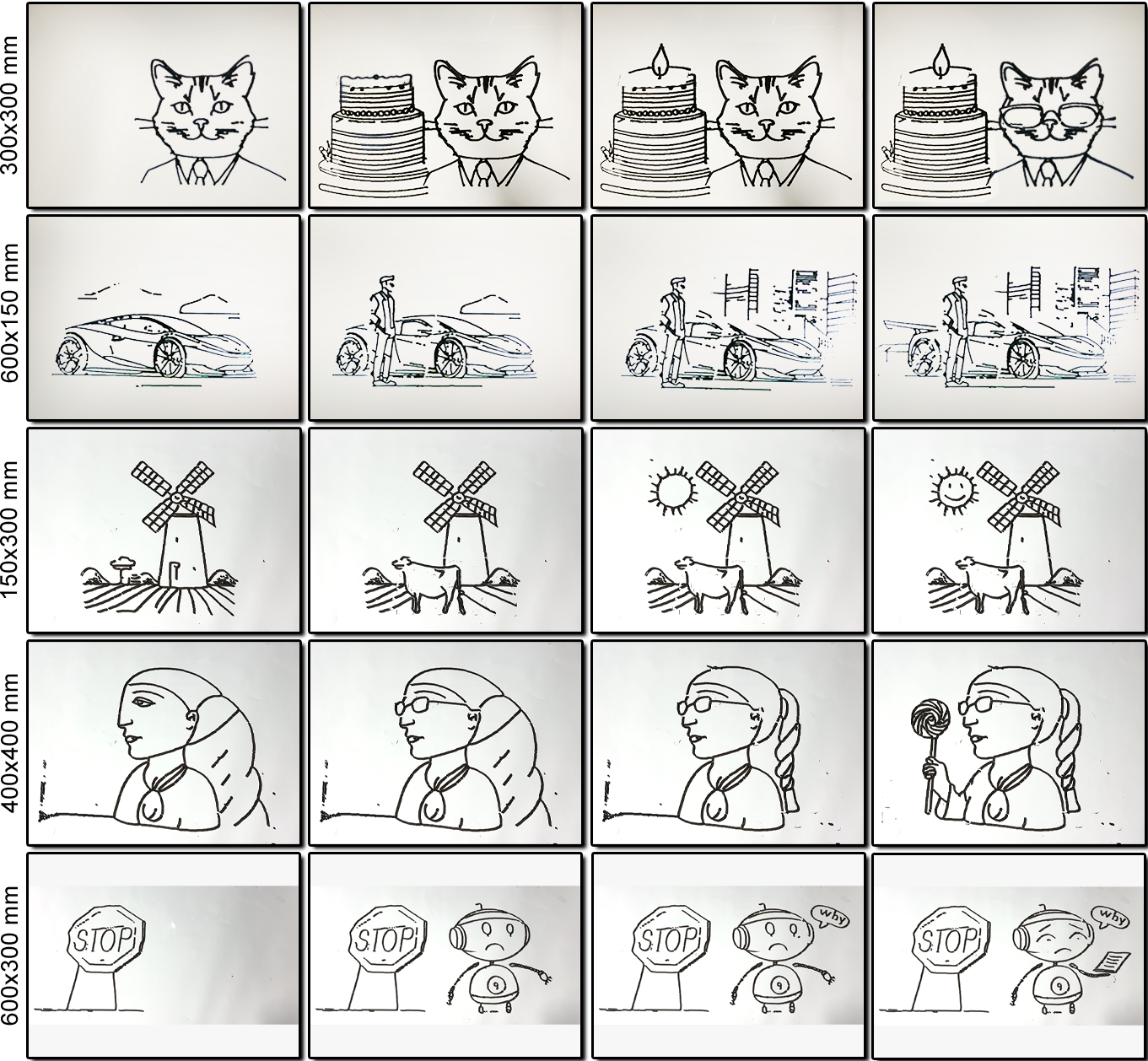 Inpainting Results. We showcase PICaSo inpainting outcomes obtained from several multi-user collaborative sessions. Each session begins with a unique concept from the participant and their desired canvas dimensions, leading to a diverse array of drawings on different canvas sizes, using our scaling algorithm.